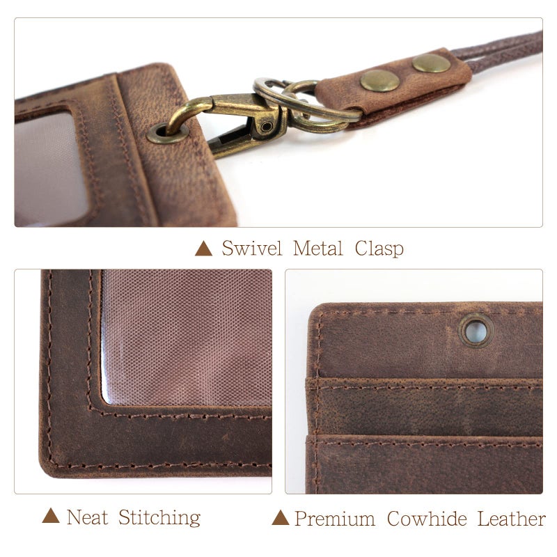 Boshiho Vertical Style Cowhide Leather ID Card Badge Holder with Heavy Duty Lanyard (Genuine Leather Dark Brown) - Image 4
